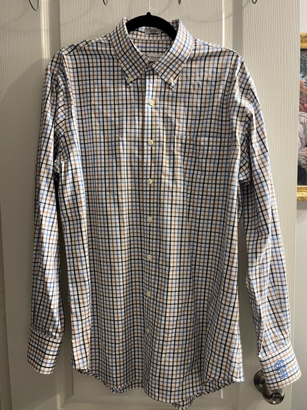 Peter Millar White Button-Down Shirt with Blue & Brown Windowpane Size L
